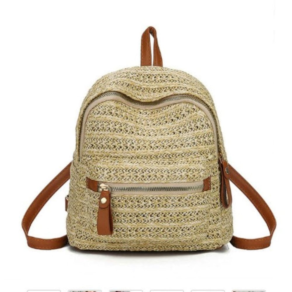 Straw Woven Mini Backpack (Tan)